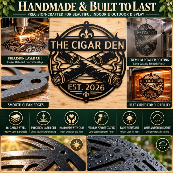 Custom Cigar Metal Sign Personalized Name Cigar Lounge Smoking Wall Art Gift Custom cigar metal sign in 16 gauge steel with personalized name for cigar lounge wall decor, home bar, smoking room, man cave and cigar lover gift.