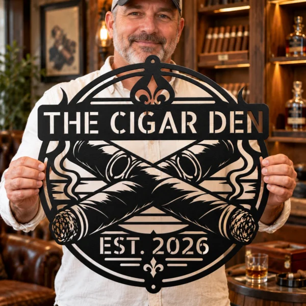 Custom Cigar Metal Sign Personalized Name Cigar Lounge Smoking Wall Art Gift Custom cigar metal sign in 16 gauge steel with personalized name for cigar lounge wall decor, home bar, smoking room, man cave and cigar lover gift.