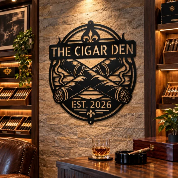 Custom Cigar Metal Sign Personalized Name Cigar Lounge Smoking Wall Art Gift Custom cigar metal sign in 16 gauge steel with personalized name for cigar lounge wall decor, home bar, smoking room, man cave and cigar lover gift.