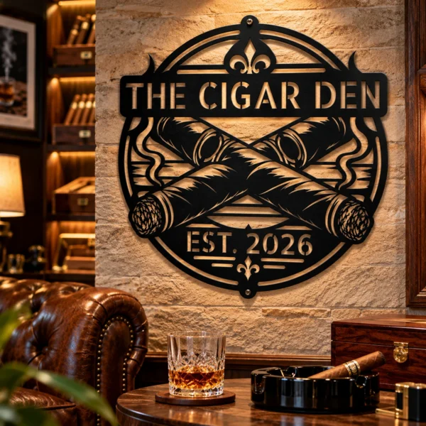 Custom Cigar Metal Sign Personalized Name Cigar Lounge Smoking Wall Art Gift Custom cigar metal sign in 16 gauge steel with personalized name for cigar lounge wall decor, home bar, smoking room, man cave and cigar lover gift.