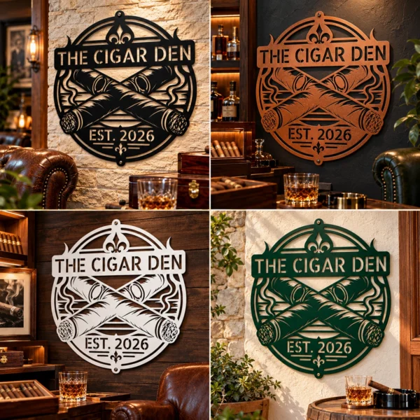Custom Cigar Metal Sign Personalized Name Cigar Lounge Smoking Wall Art Gift Custom cigar metal sign in 16 gauge steel with personalized name for cigar lounge wall decor, home bar, smoking room, man cave and cigar lover gift.
