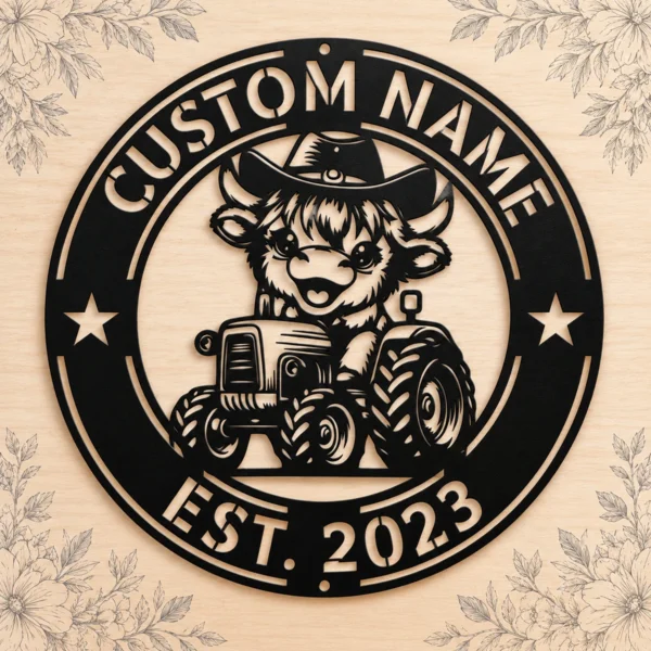 Custom Cow Tractor Metal Sign Personalized Farm Name Wall Art Decor Gift Custom cow tractor metal sign in 16 gauge steel with personalized farm name for farmhouse wall decor, barn, ranch, garage and country gift art.