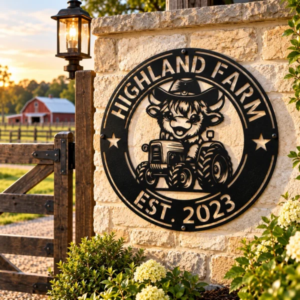 Custom Cow Tractor Metal Sign Personalized Farm Name Wall Art Decor Gift Custom cow tractor metal sign in 16 gauge steel with personalized farm name for farmhouse wall decor, barn, ranch, garage and country gift art.