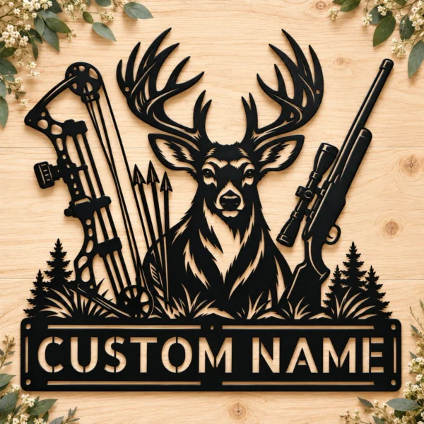 Custom Deer Hunting Metal Sign Personalized Name Buck Hunter Cabin Wall Art Gift Custom deer hunting metal sign in 16 gauge steel with personalized name for buck hunter cabin wall decor, lodge, garage, man cave and hunting gift.