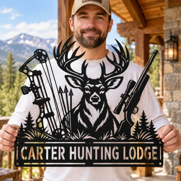 Custom Deer Hunting Metal Sign Personalized Name Buck Hunter Cabin Wall Art Gift Custom deer hunting metal sign in 16 gauge steel with personalized name for buck hunter cabin wall decor, lodge, garage, man cave and hunting gift.