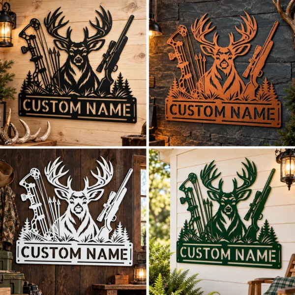 Custom Deer Hunting Metal Sign Personalized Name Buck Hunter Cabin Wall Art Gift Custom deer hunting metal sign in 16 gauge steel with personalized name for buck hunter cabin wall decor, lodge, garage, man cave and hunting gift.