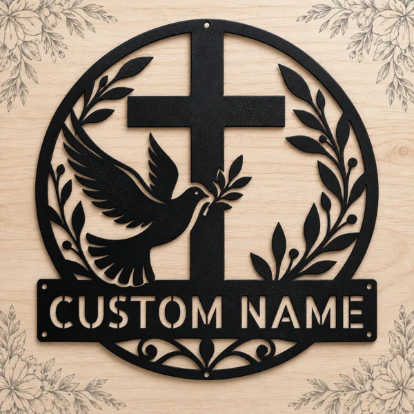 Custom dove and cross metal sign in 16 gauge steel with personalized name for Christian wall decor, home, church, prayer room, garden and gift art.