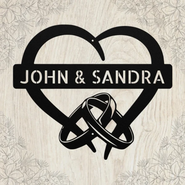 Custom Heart With Rings Metal Sign Personalized Wedding Anniversary Date Gift Custom heart with rings metal sign in 16 gauge steel with personalized names and wedding date for anniversary wall decor, wedding gift and home art.