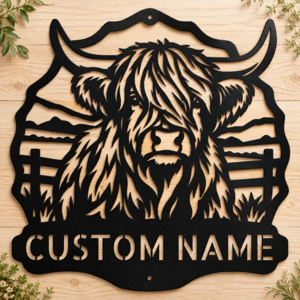 Custom Highland Cow Metal Sign Personalized Name Farmhouse Wall Art Decor Gift Custom Highland cow metal sign in 16 gauge steel with personalized name for farmhouse wall decor, barn, ranch, country home, cattle lover and gift art.