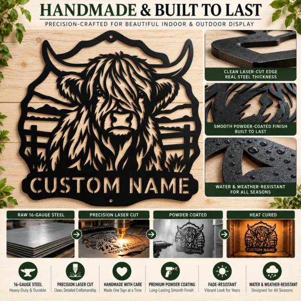 Custom Highland Cow Metal Sign Personalized Name Farmhouse Wall Art Decor Gift Custom Highland cow metal sign in 16 gauge steel with personalized name for farmhouse wall decor, barn, ranch, country home, cattle lover and gift art.