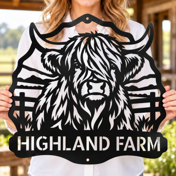 Custom Highland Cow Metal Sign Personalized Name Farmhouse Wall Art Decor Gift Custom Highland cow metal sign in 16 gauge steel with personalized name for farmhouse wall decor, barn, ranch, country home, cattle lover and gift art.