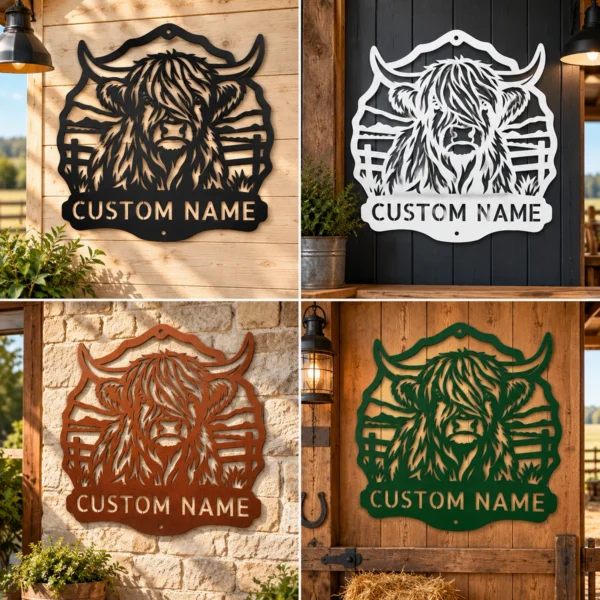Custom Highland Cow Metal Sign Personalized Name Farmhouse Wall Art Decor Gift Custom Highland cow metal sign in 16 gauge steel with personalized name for farmhouse wall decor, barn, ranch, country home, cattle lover and gift art.