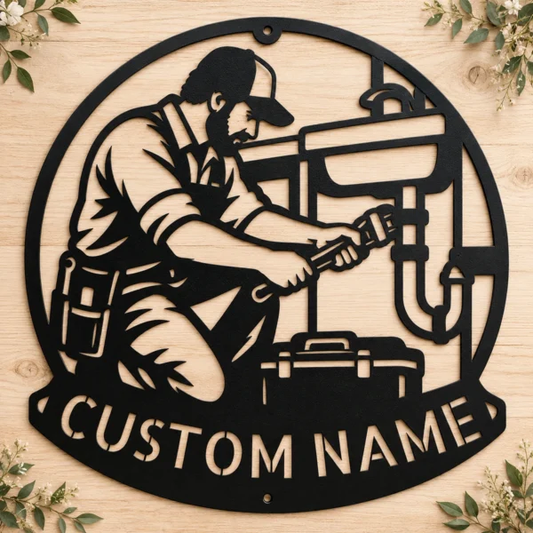 Custom Plumber Metal Sign Personalized Name Plumbing Professional Office Art Gift Custom plumber metal sign in 16 gauge steel with personalized name for plumbing office wall decor, workshop, garage, business and professional gift.