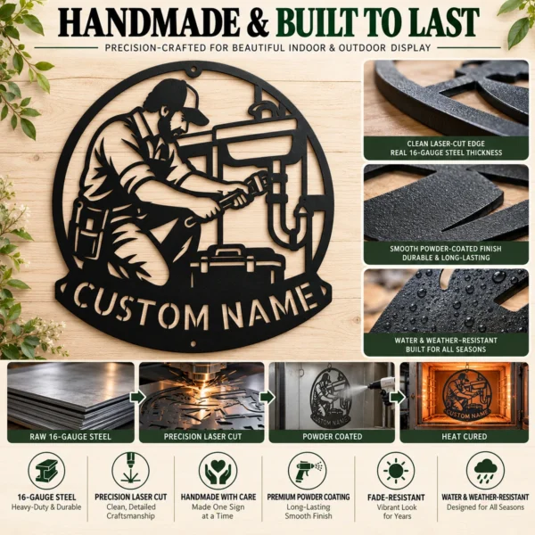 Custom Plumber Metal Sign Personalized Name Plumbing Professional Office Art Gift Custom plumber metal sign in 16 gauge steel with personalized name for plumbing office wall decor, workshop, garage, business and professional gift.