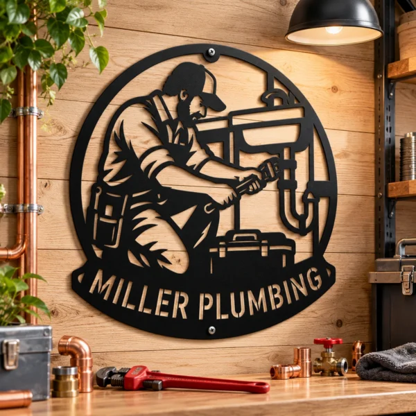 Custom Plumber Metal Sign Personalized Name Plumbing Professional Office Art Gift Custom plumber metal sign in 16 gauge steel with personalized name for plumbing office wall decor, workshop, garage, business and professional gift.
