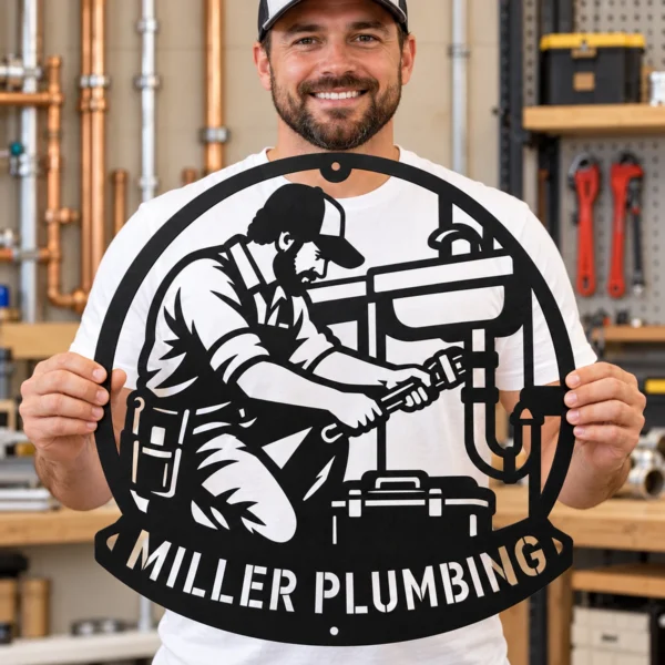 Custom Plumber Metal Sign Personalized Name Plumbing Professional Office Art Gift Custom plumber metal sign in 16 gauge steel with personalized name for plumbing office wall decor, workshop, garage, business and professional gift.