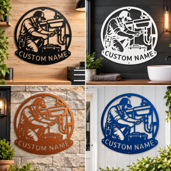 Custom Plumber Metal Sign Personalized Name Plumbing Professional Office Art Gift Custom plumber metal sign in 16 gauge steel with personalized name for plumbing office wall decor, workshop, garage, business and professional gift.