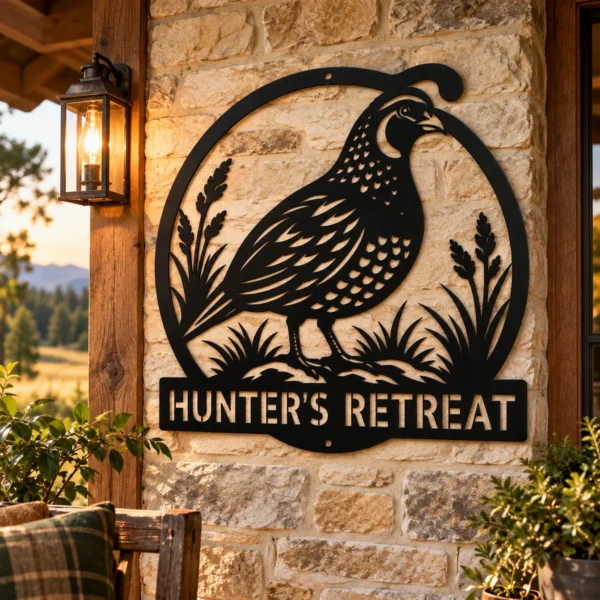 Custom Quail Metal Sign Personalized Name Bird Hunter Gift Farmhouse Wall Art Custom quail metal sign in 16 gauge steel with personalized name for bird hunter wall decor, farmhouse, cabin, barn, garage and outdoor gift art.