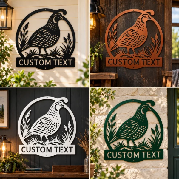 Custom Quail Metal Sign Personalized Name Bird Hunter Gift Farmhouse Wall Art Custom quail metal sign in 16 gauge steel with personalized name for bird hunter wall decor, farmhouse, cabin, barn, garage and outdoor gift art.