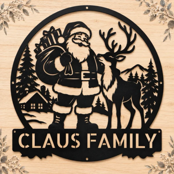 Custom Santa reindeer metal sign in 16 gauge steel with personalized family name for Christmas wall decor, front porch, fireplace, garden and holiday gift.