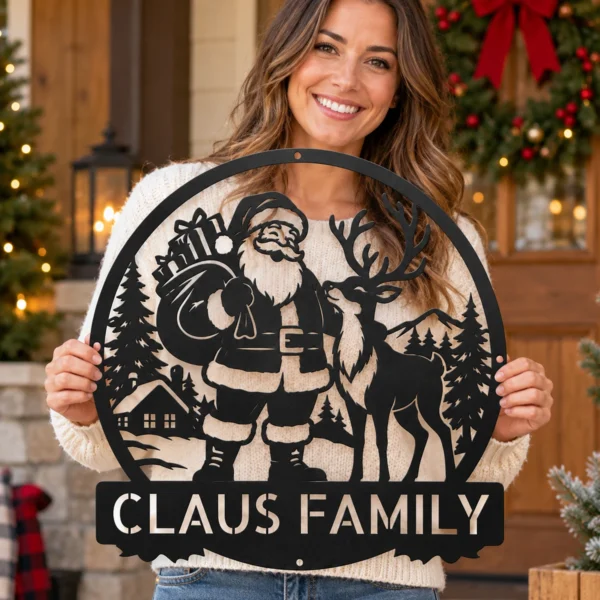 Custom Santa Reindeer Metal Sign Personalized Family Name Christmas Wall Decor Custom Santa reindeer metal sign in 16 gauge steel with personalized family name for Christmas wall decor, front porch, fireplace, garden and holiday gift.