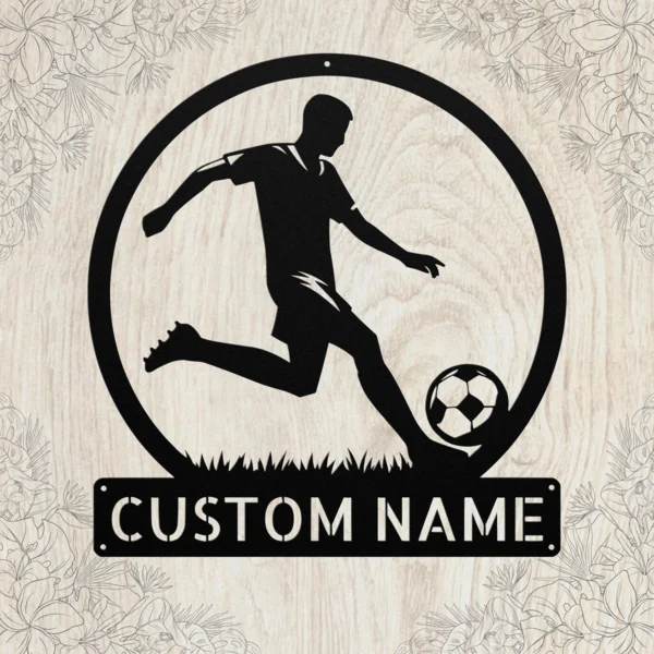 Custom soccer metal sign in 16 gauge steel with personalized player name for football wall decor, soccer bedroom, team room, gym and sports gift.