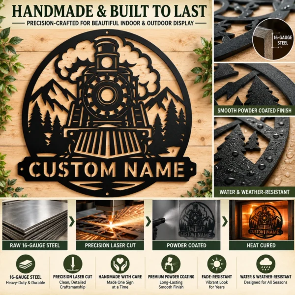 Custom Steam Train Metal Sign Personalized Railroad Locomotive Wall Decor Custom steam train metal sign personalized with name or railroad text, vintage steam locomotive wall decor for train rooms, garages and railway enthusiasts.