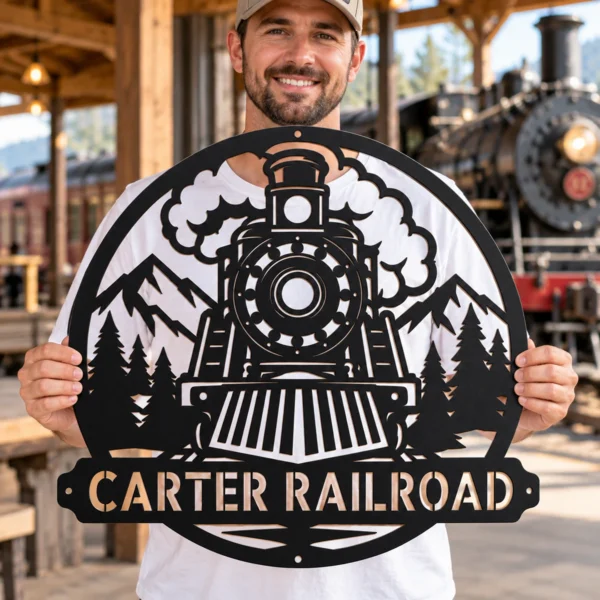 Custom Steam Train Metal Sign Personalized Railroad Locomotive Wall Decor Custom steam train metal sign personalized with name or railroad text, vintage steam locomotive wall decor for train rooms, garages and railway enthusiasts.