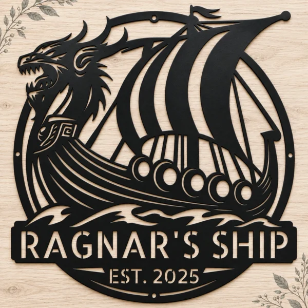 Custom Viking Ship Metal Sign Personalized Norse Totem Wall Art Decor Gift Custom Viking ship metal sign in 16 gauge steel with personalized name for Norse wall decor, Viking fan, man cave, cabin, office and gift art.
