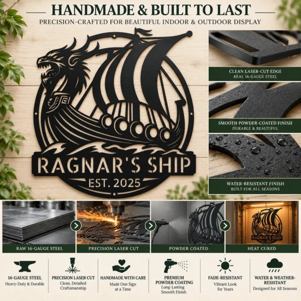 Custom Viking Ship Metal Sign Personalized Norse Totem Wall Art Decor Gift Custom Viking ship metal sign in 16 gauge steel with personalized name for Norse wall decor, Viking fan, man cave, cabin, office and gift art.