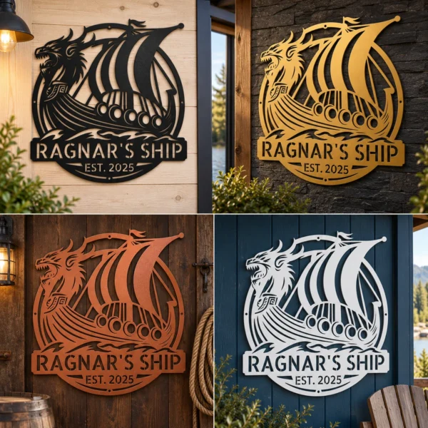 Custom Viking Ship Metal Sign Personalized Norse Totem Wall Art Decor Gift Custom Viking ship metal sign in 16 gauge steel with personalized name for Norse wall decor, Viking fan, man cave, cabin, office and gift art.