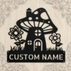 Custom Mushroom House Metal Sign Personalized Name Garden Wall Art Decor Gift Custom mushroom house metal sign in 16 gauge steel with personalized name for garden wall decor, fairy garden, patio, porch, cabin and gift art.