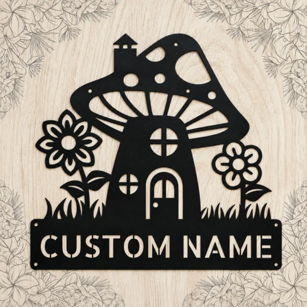 Custom Mushroom House Metal Sign Personalized Name Garden Wall Art Decor Gift Custom mushroom house metal sign in 16 gauge steel with personalized name for garden wall decor, fairy garden, patio, porch, cabin and gift art.