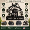 Custom Mushroom House Metal Sign Personalized Name Garden Wall Art Decor Gift Custom mushroom house metal sign in 16 gauge steel with personalized name for garden wall decor, fairy garden, patio, porch, cabin and gift art.