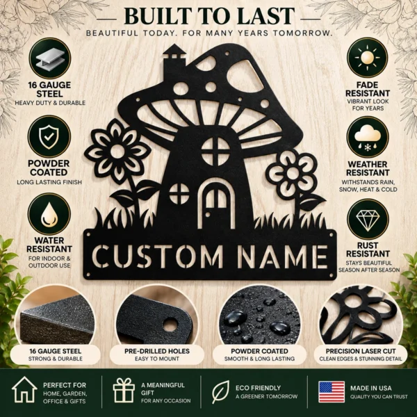 Custom Mushroom House Metal Sign Personalized Name Garden Wall Art Decor Gift Custom mushroom house metal sign in 16 gauge steel with personalized name for garden wall decor, fairy garden, patio, porch, cabin and gift art.