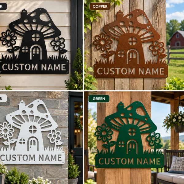 Custom Mushroom House Metal Sign Personalized Name Garden Wall Art Decor Gift Custom mushroom house metal sign in 16 gauge steel with personalized name for garden wall decor, fairy garden, patio, porch, cabin and gift art.