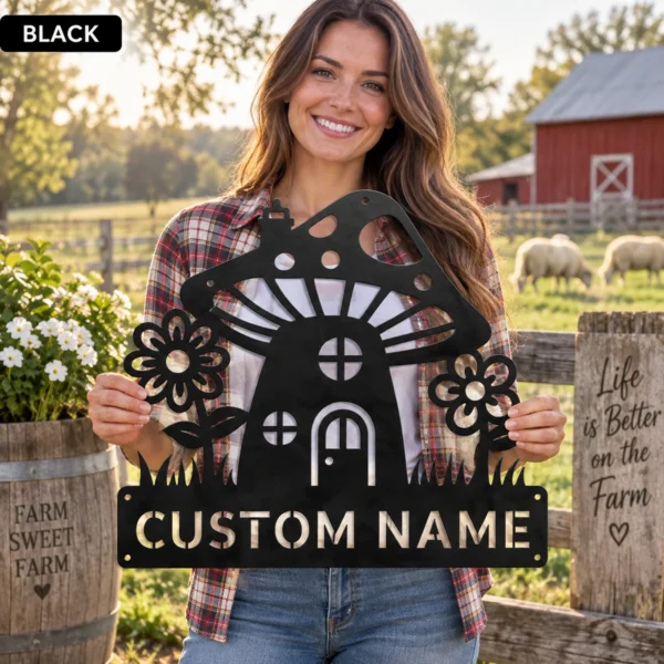 Custom Mushroom House Metal Sign Personalized Name Garden Wall Art Decor Gift Custom mushroom house metal sign in 16 gauge steel with personalized name for garden wall decor, fairy garden, patio, porch, cabin and gift art.