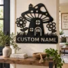 Custom Mushroom House Metal Sign Personalized Name Garden Wall Art Decor Gift Custom mushroom house metal sign in 16 gauge steel with personalized name for garden wall decor, fairy garden, patio, porch, cabin and gift art.