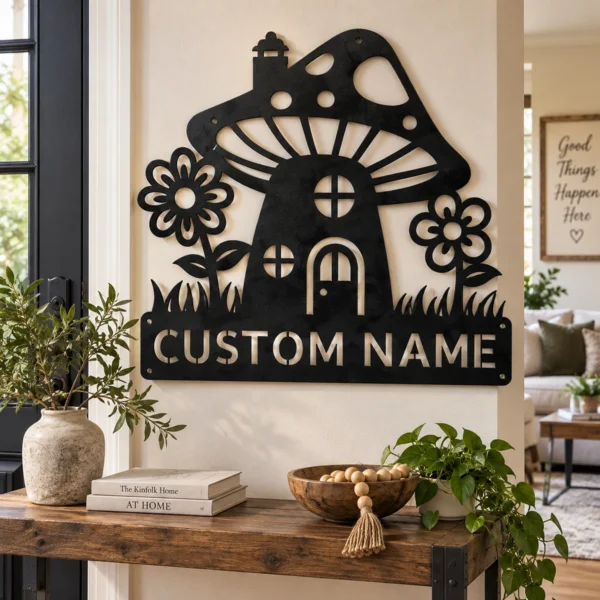 Custom Mushroom House Metal Sign Personalized Name Garden Wall Art Decor Gift Custom mushroom house metal sign in 16 gauge steel with personalized name for garden wall decor, fairy garden, patio, porch, cabin and gift art.