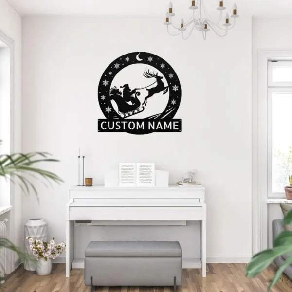 Custom Santa Sleigh Metal Sign Personalized Family Name Christmas Wall Decor Custom Santa sleigh metal sign in 16 gauge steel with personalized family name for Christmas wall decor, front porch, fireplace, home and holiday gift.