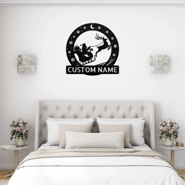 Custom Santa Sleigh Metal Sign Personalized Family Name Christmas Wall Decor Custom Santa sleigh metal sign in 16 gauge steel with personalized family name for Christmas wall decor, front porch, fireplace, home and holiday gift.