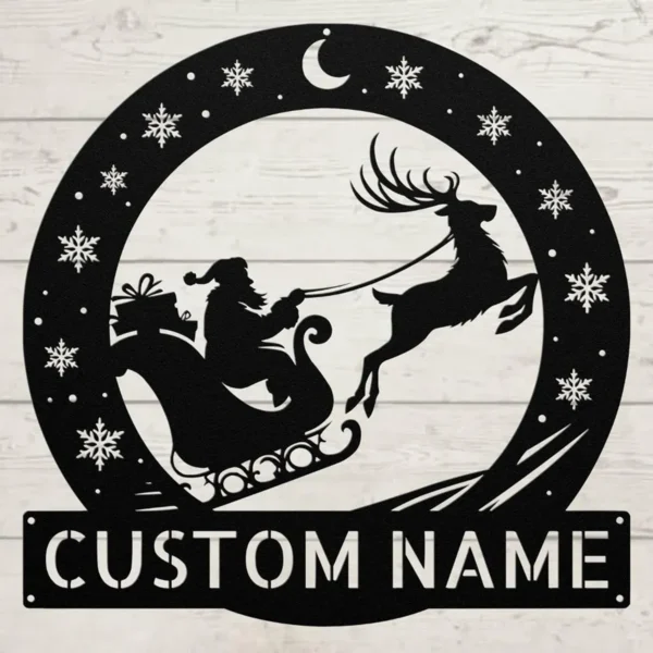 Custom Santa Sleigh Metal Sign Personalized Family Name Christmas Wall Decor Custom Santa sleigh metal sign in 16 gauge steel with personalized family name for Christmas wall decor, front porch, fireplace, home and holiday gift.