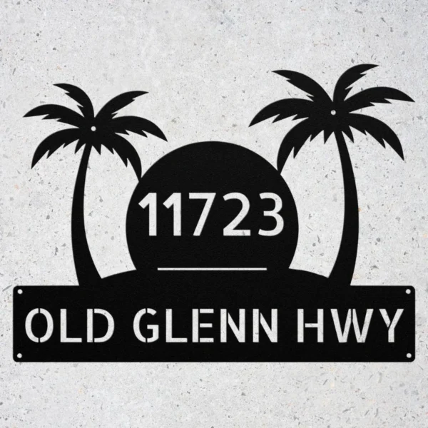 Custom Palm Tree Address Sign Personalized House Number Metal Beach Decor Gift Custom palm tree address sign in 16 gauge steel with personalized house number for tropical home decor, front yard, porch, gate, patio and gift.