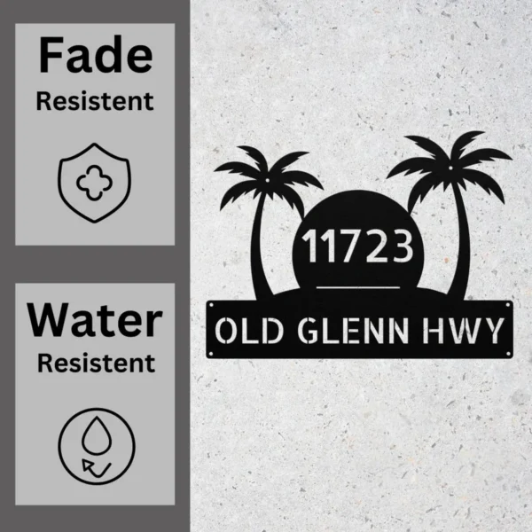 Custom Palm Tree Address Sign Personalized House Number Metal Beach Decor Gift Custom palm tree address sign in 16 gauge steel with personalized house number for tropical home decor, front yard, porch, gate, patio and gift.