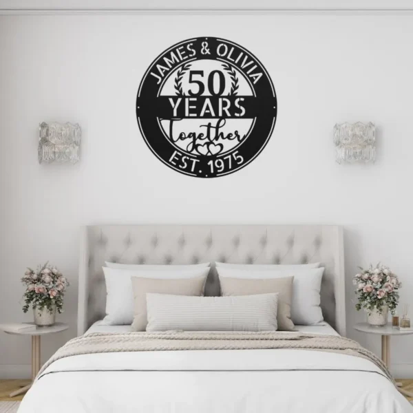 Custom Couple Years Together Metal Sign Personalized Anniversary Wedding Date Gift Custom couple years together metal sign in 16 gauge steel with personalized names and wedding date for anniversary wall decor and romantic gift art.
