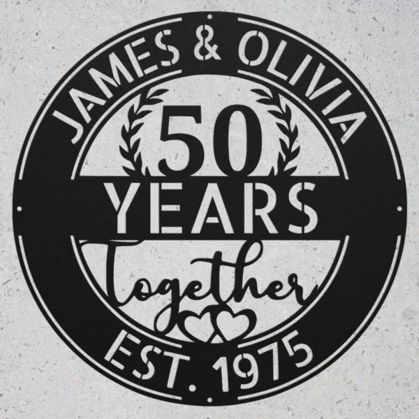 Custom Couple Years Together Metal Sign Personalized Anniversary Wedding Date Gift Custom couple years together metal sign in 16 gauge steel with personalized names and wedding date for anniversary wall decor and romantic gift art.