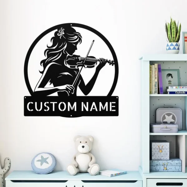 Custom Violin Player Metal Sign Personalized Name Music Studio Wall Art Gift Custom violin player metal sign in 16 gauge steel with personalized name for music studio wall decor, violinist, practice room and musician gift.