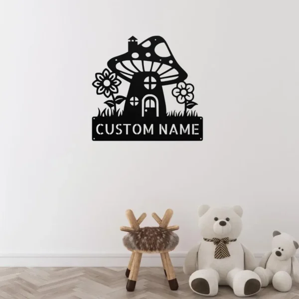 Custom mushroom house metal sign in 16 gauge steel with personalized name for garden wall decor, fairy garden, patio, porch, cabin and gift art.