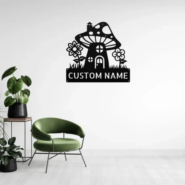 Custom mushroom house metal sign in 16 gauge steel with personalized name for garden wall decor, fairy garden, patio, porch, cabin and gift art.