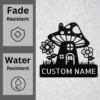 Custom mushroom house metal sign in 16 gauge steel with personalized name for garden wall decor, fairy garden, patio, porch, cabin and gift art.
